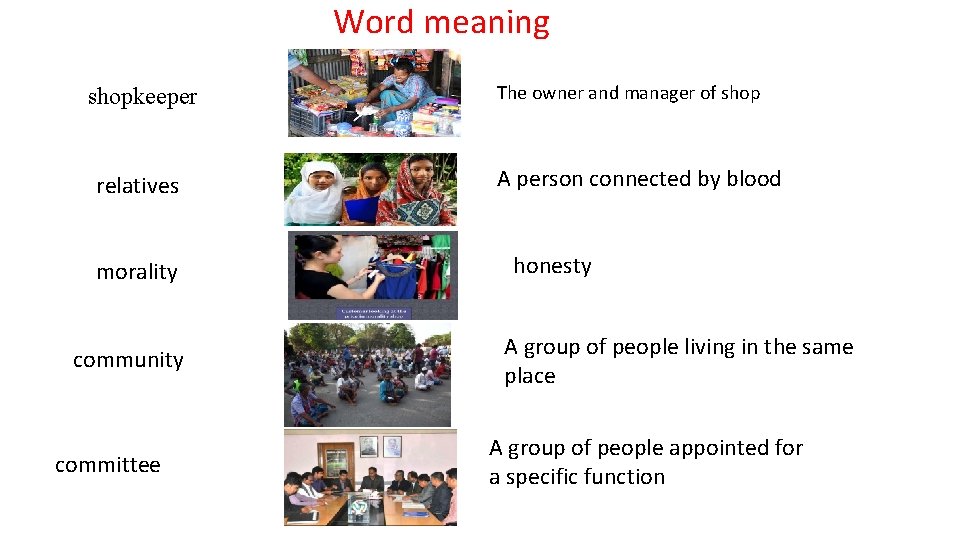 Word meaning shopkeeper relatives morality community committee The owner and manager of shop A