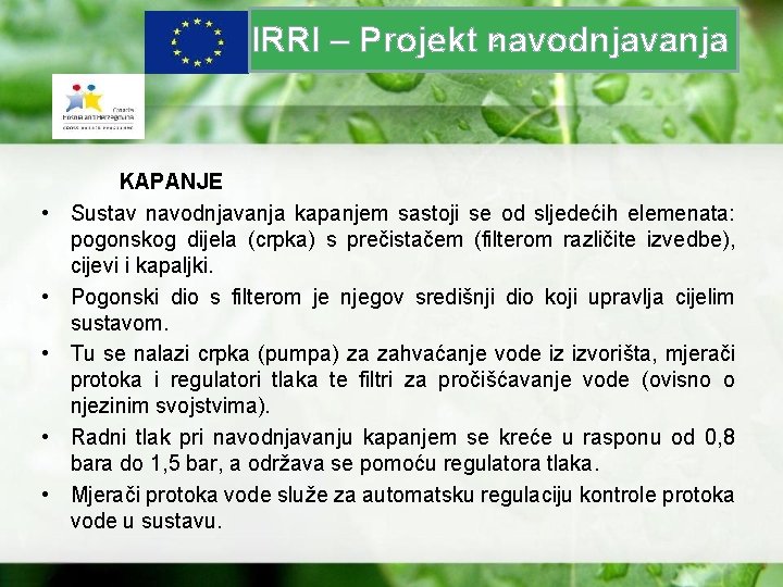 z IRRI – Projekt navodnjavanja • • • KAPANJE Sustav navodnjavanja kapanjem sastoji se