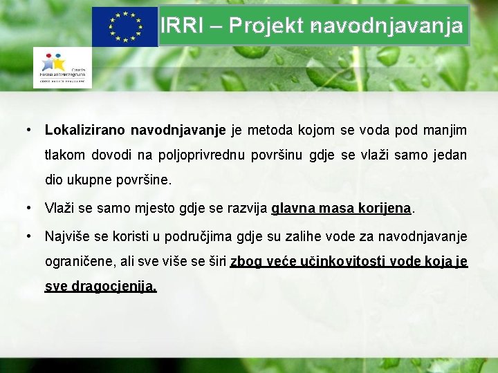 z IRRI – Projekt navodnjavanja • Lokalizirano navodnjavanje je metoda kojom se voda pod