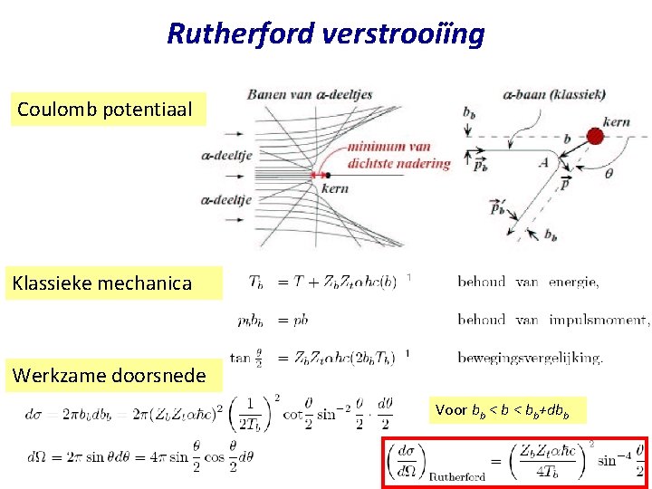 Rutherford verstrooiïng Coulomb potentiaal Klassieke mechanica Werkzame doorsnede Voor bb < bb+dbb Najaar 2004