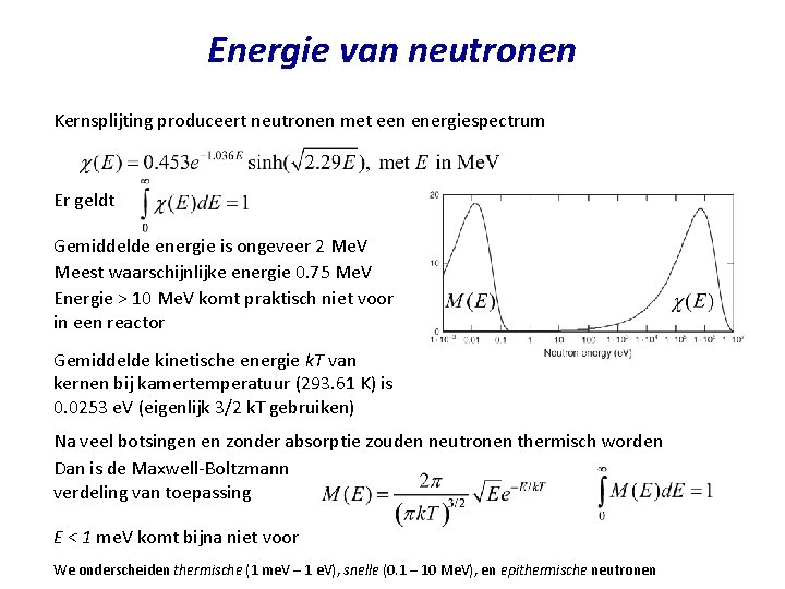 Energie van neutronen Kernsplijting produceert neutronen met een energiespectrum Er geldt Gemiddelde energie is