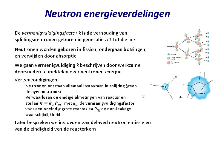 Neutron energieverdelingen De vermenigvuldigingsfactor k is de verhouding van splijtingsneutronen geboren in generatie i+1