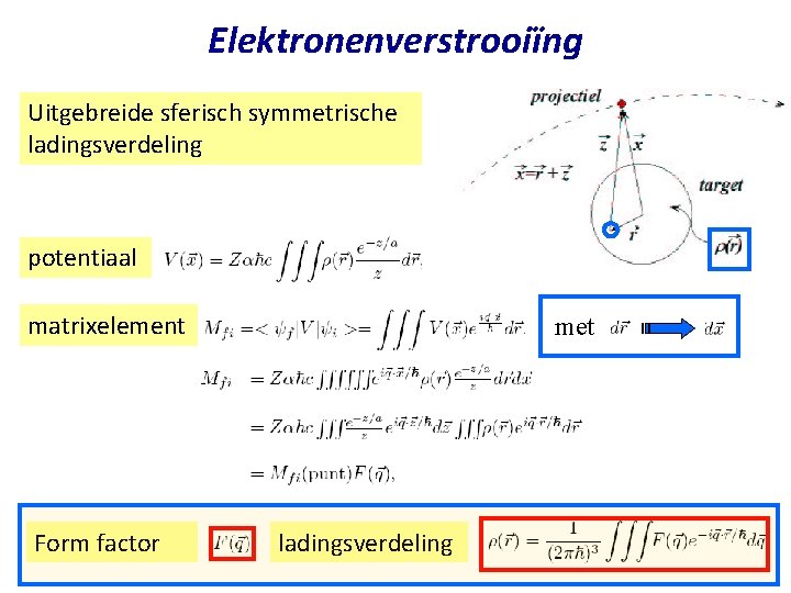 Elektronenverstrooiïng Uitgebreide sferisch symmetrische ladingsverdeling potentiaal matrixelement Form factor Najaar 2004 met ladingsverdeling Jo