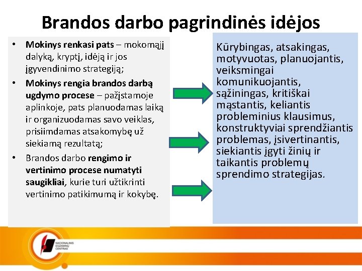 Brandos darbo pagrindinės idėjos • Mokinys renkasi pats – mokomąjį dalyką, kryptį, idėją ir