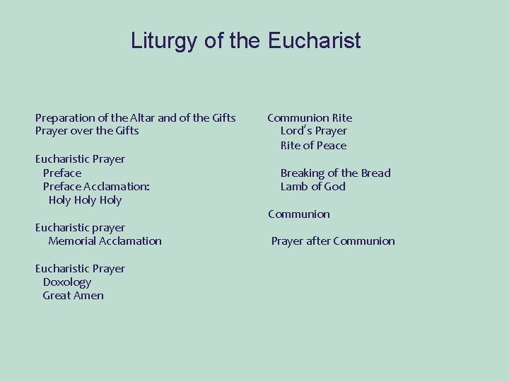 Liturgy of the Eucharist Preparation of the Altar and of the Gifts Communion Rite