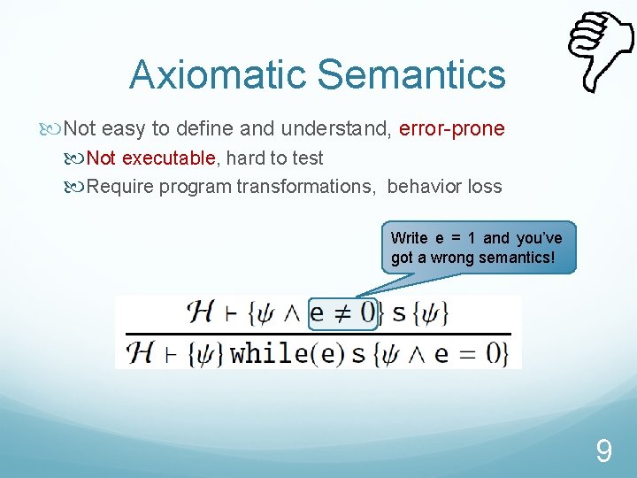 Axiomatic Semantics Not easy to define and understand, error-prone Not executable, hard to test