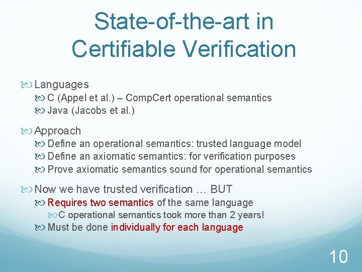 State-of-the-art in Certifiable Verification Languages C (Appel et al. ) – Comp. Cert operational