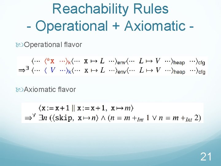 Reachability Rules - Operational + Axiomatic Operational flavor Axiomatic flavor 21 