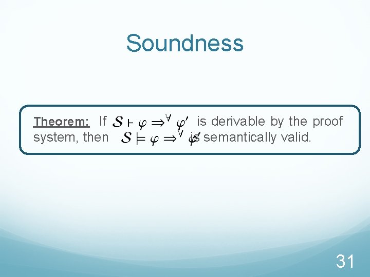 Soundness Theorem: If system, then is derivable by the proof is semantically valid. 31