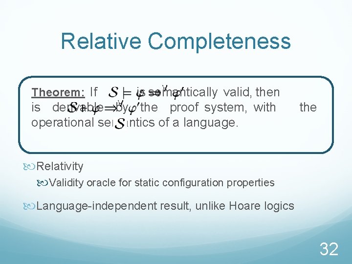 Relative Completeness Theorem: If is semantically valid, then is derivable by the proof system,