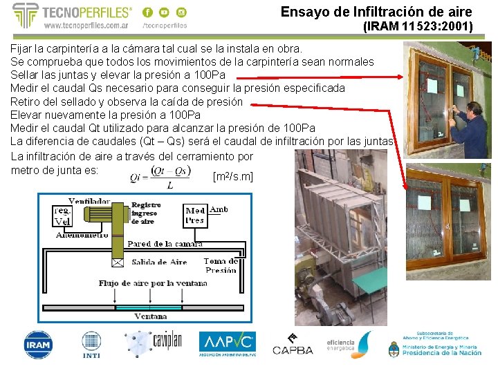 Ensayo de Infiltración de aire (IRAM 11523: 2001) Fijar la carpintería a la cámara