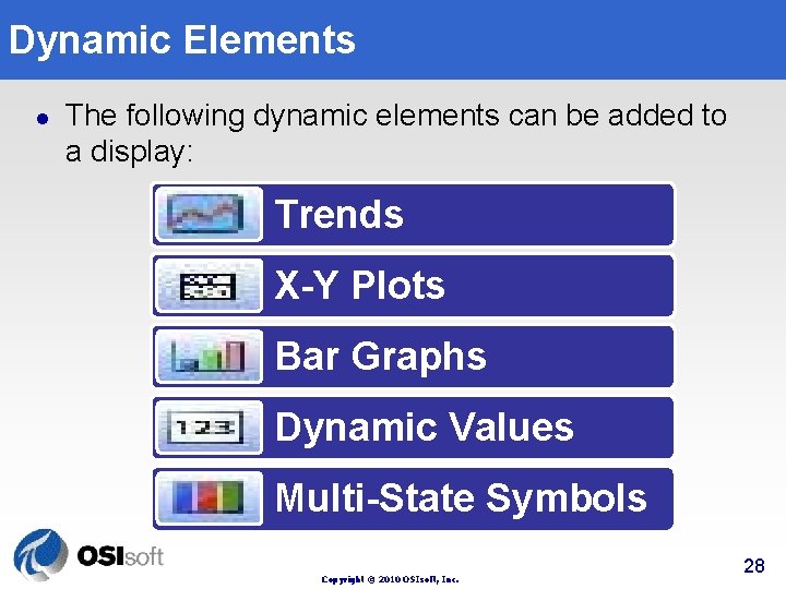 Dynamic Elements l The following dynamic elements can be added to a display: Trends