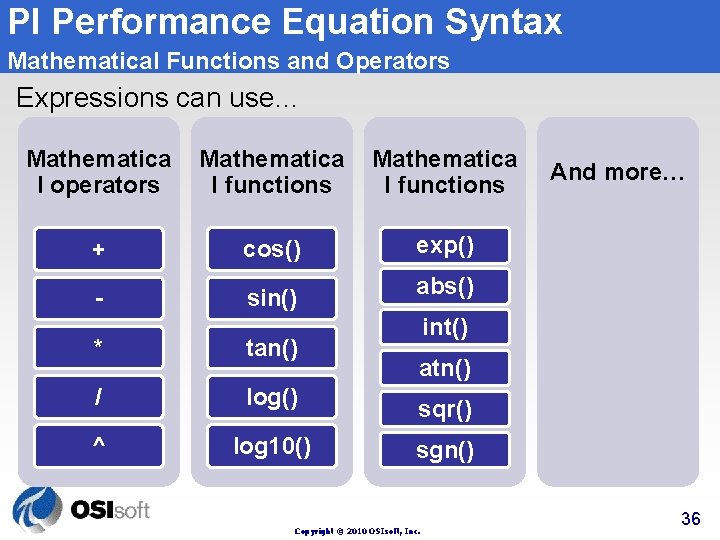 PI Performance Equation Syntax Mathematical Functions and Operators Expressions can use… Mathematica l operators