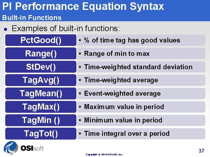 PI Performance Equation Syntax Built-in Functions l Examples of built-in functions: • % of