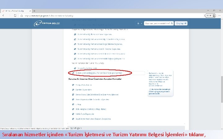 Sıralanan hizmetler içinden «Turizm İşletmesi ve Turizm Yatırımı Belgesi İşlemleri» tıklanır, 