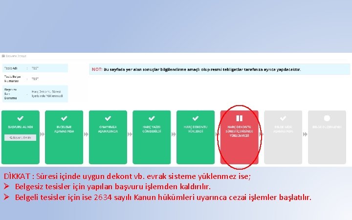 DİKKAT : Süresi içinde uygun dekont vb. evrak sisteme yüklenmez ise; Ø Belgesiz tesisler