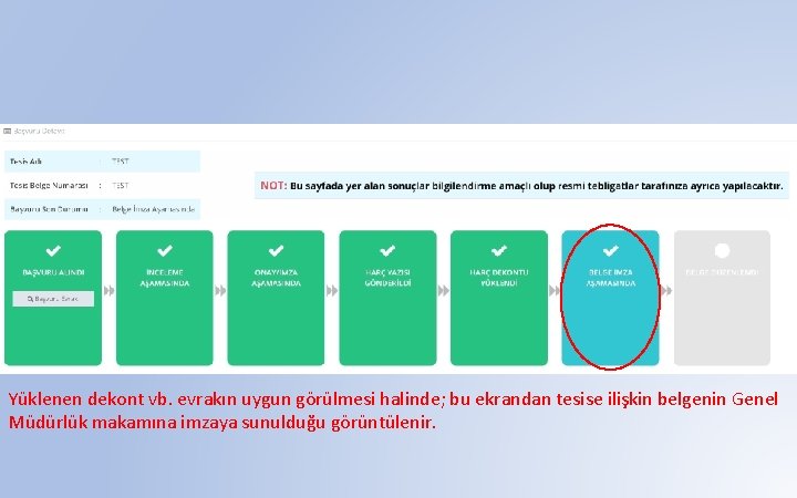 Yüklenen dekont vb. evrakın uygun görülmesi halinde; bu ekrandan tesise ilişkin belgenin Genel Müdürlük