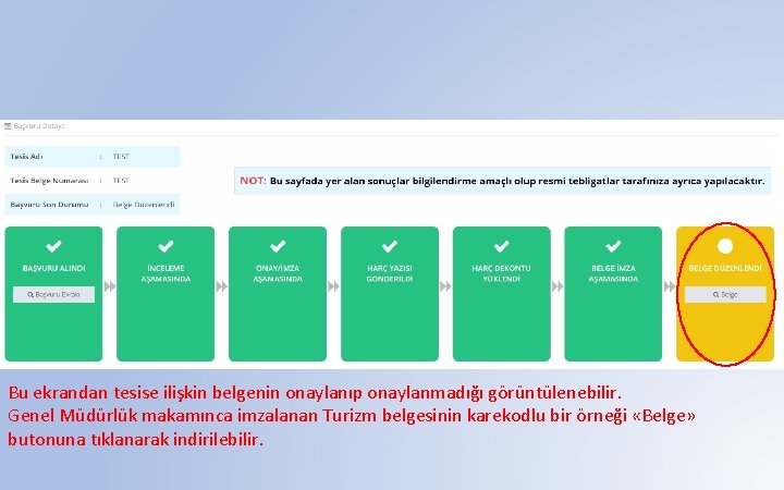Bu ekrandan tesise ilişkin belgenin onaylanıp onaylanmadığı görüntülenebilir. Genel Müdürlük makamınca imzalanan Turizm belgesinin