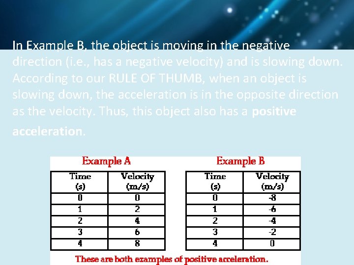 In Example B, the object is moving in the negative direction (i. e. ,