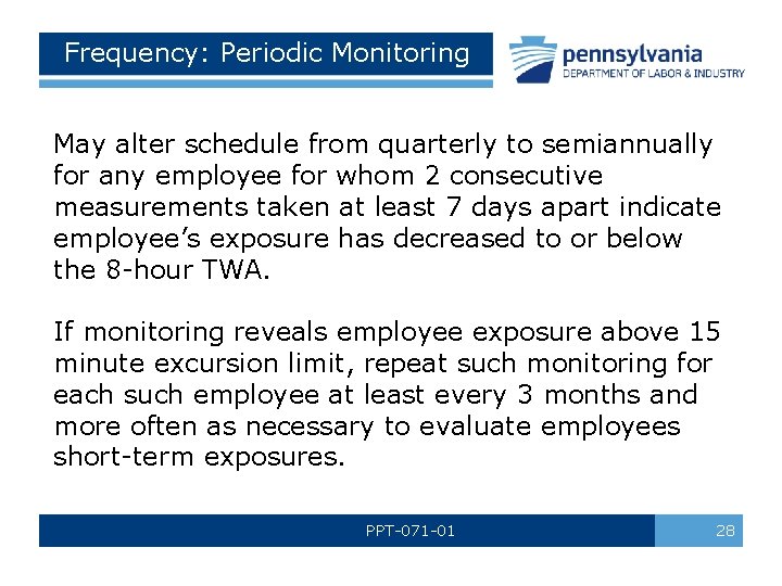 Frequency: Periodic Monitoring May alter schedule from quarterly to semiannually for any employee for