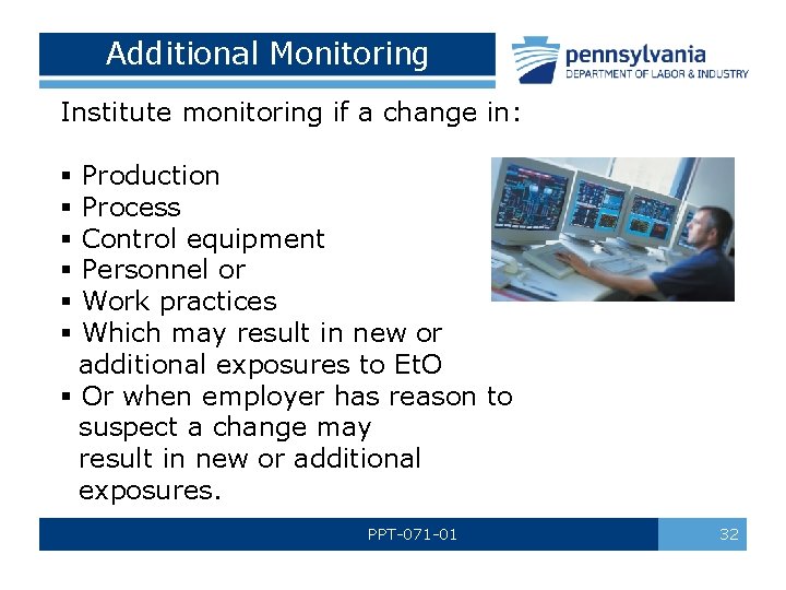 Additional Monitoring Institute monitoring if a change in: § Production § Process § Control