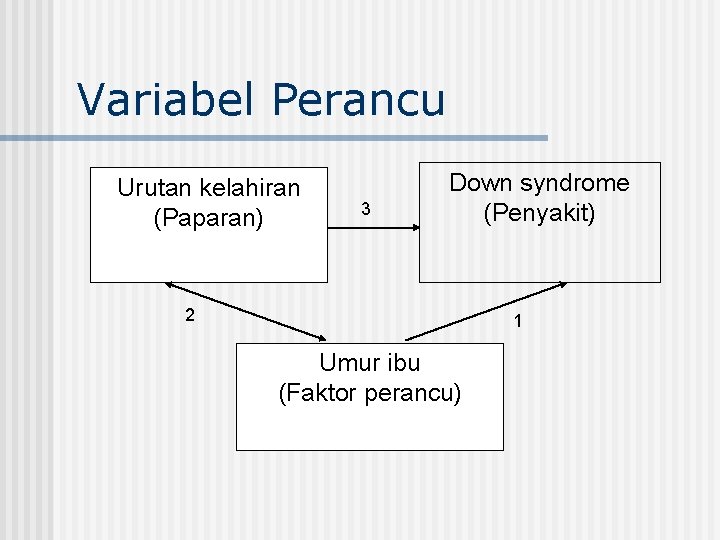 Variabel Perancu Urutan kelahiran (Paparan) 3 Down syndrome (Penyakit) 2 1 Umur ibu (Faktor
