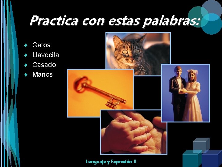 Practica con estas palabras: ♦ ♦ Gatos Llavecita Casado Manos Lenguaje y Expresión II