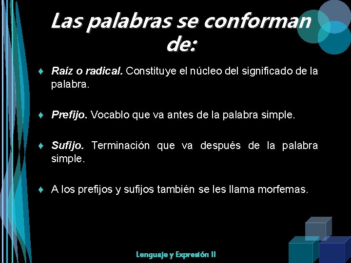 Las palabras se conforman de: ♦ Raíz o radical. Constituye el núcleo del significado