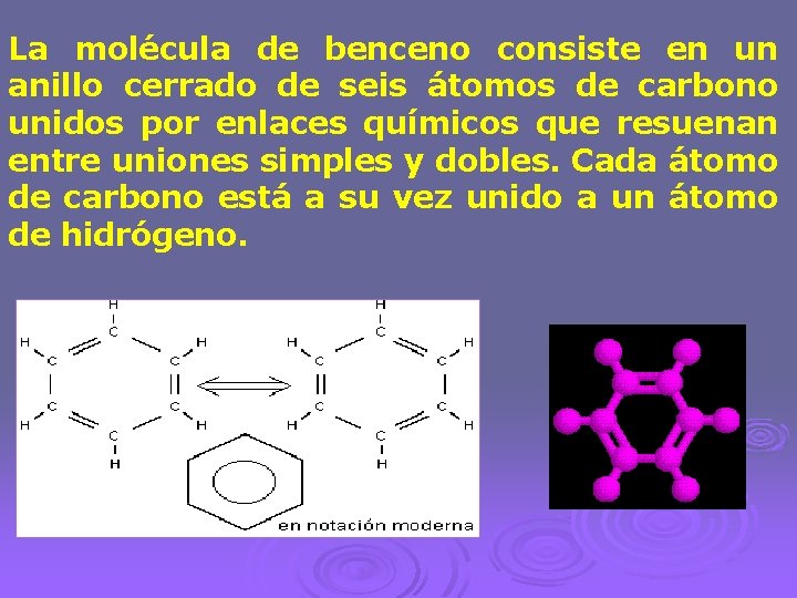 La molécula de benceno consiste en un anillo cerrado de seis átomos de carbono