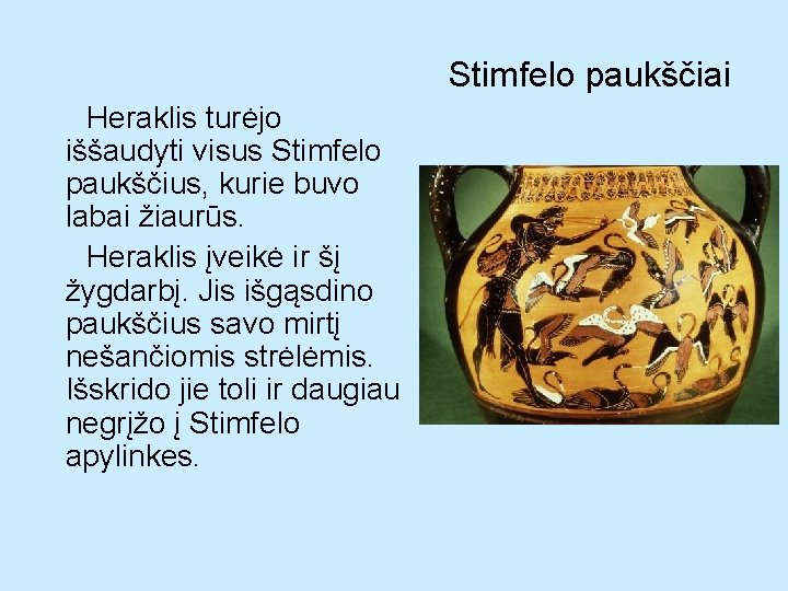 Stimfelo paukščiai Heraklis turėjo iššaudyti visus Stimfelo paukščius, kurie buvo labai žiaurūs. Heraklis įveikė