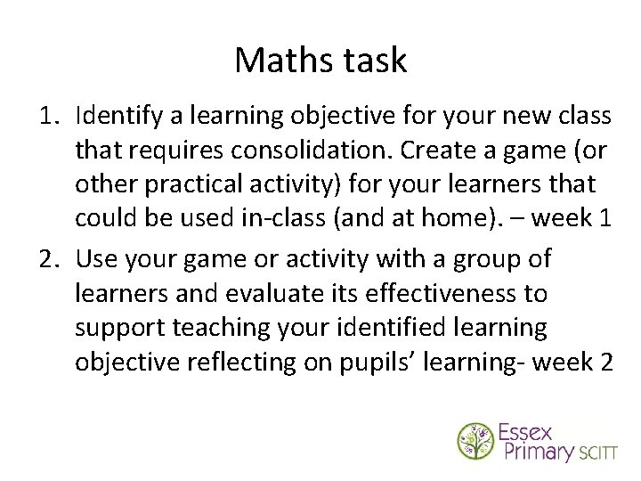 Maths task 1. Identify a learning objective for your new class that requires consolidation.