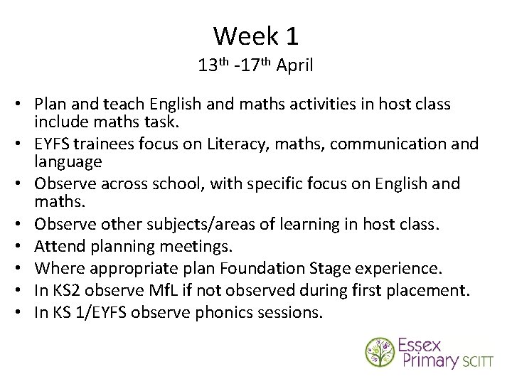 Week 1 13 th -17 th April • Plan and teach English and maths