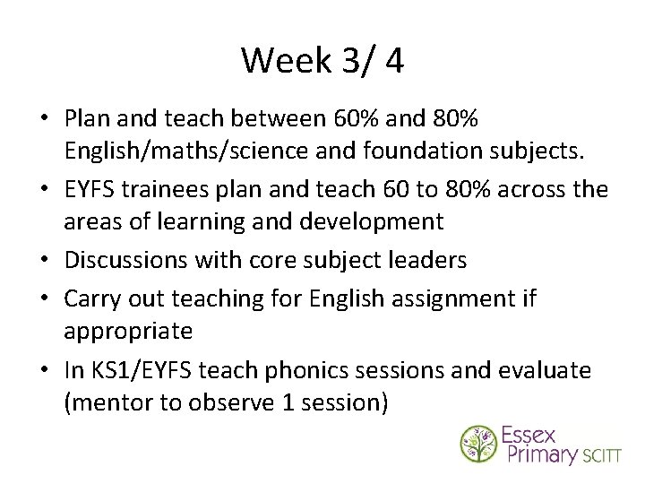 Week 3/ 4 • Plan and teach between 60% and 80% English/maths/science and foundation