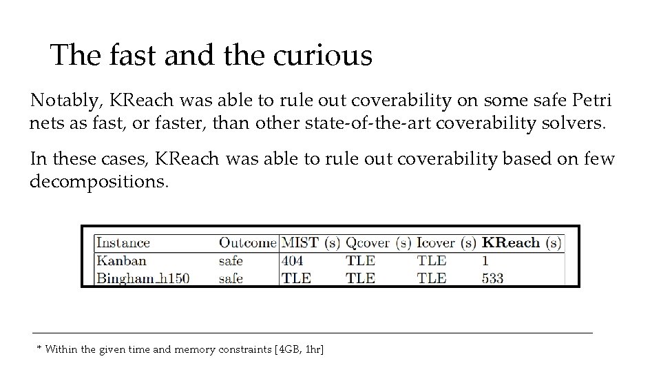 The fast and the curious Notably, KReach was able to rule out coverability on