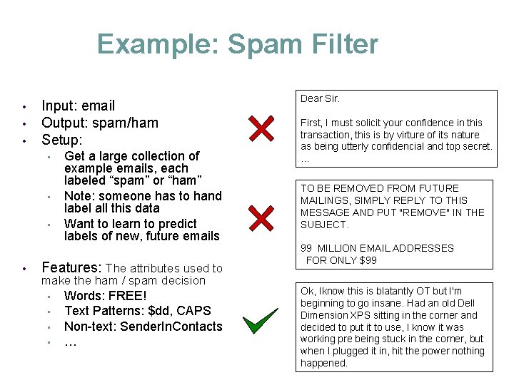 Example: Spam Filter • • • Input: email Output: spam/ham Setup: • • Get