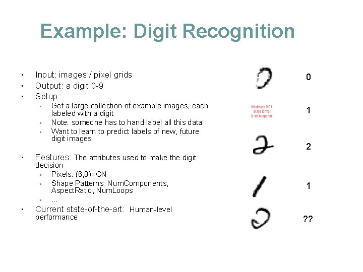 Example: Digit Recognition • • • Input: images / pixel grids Output: a digit