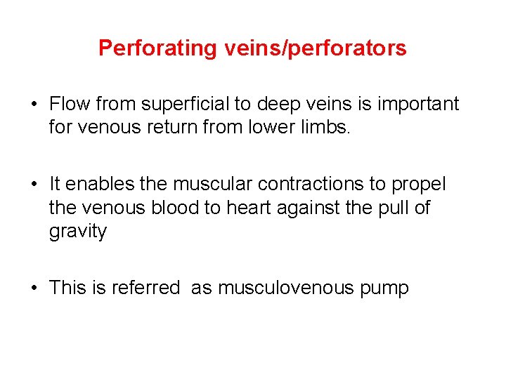 Perforating veins/perforators • Flow from superficial to deep veins is important for venous return