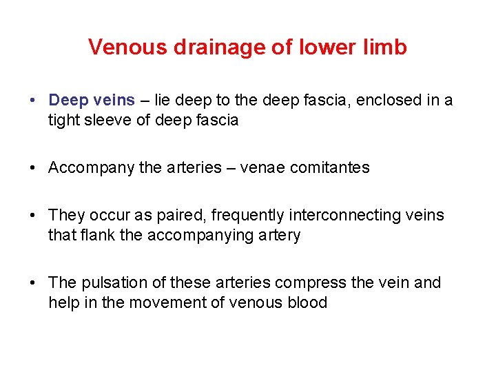Venous drainage of lower limb • Deep veins – lie deep to the deep