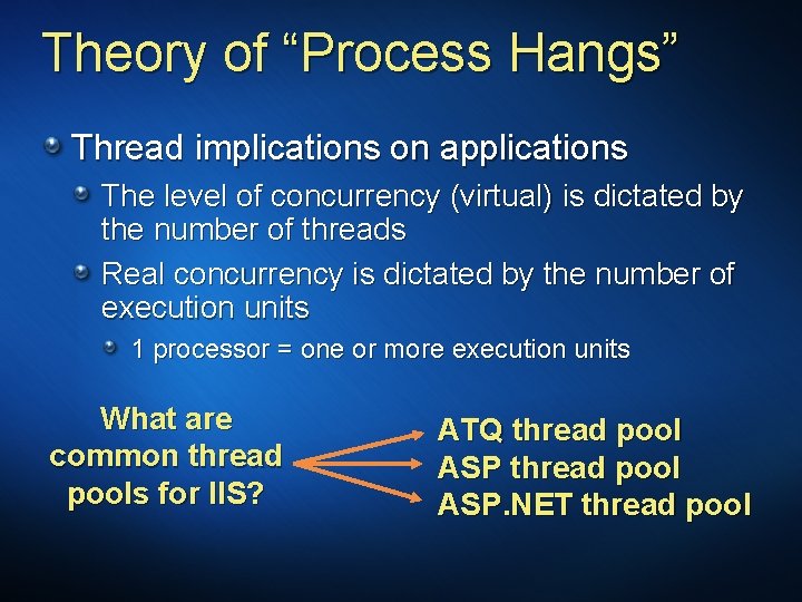 Theory of “Process Hangs” Thread implications on applications The level of concurrency (virtual) is