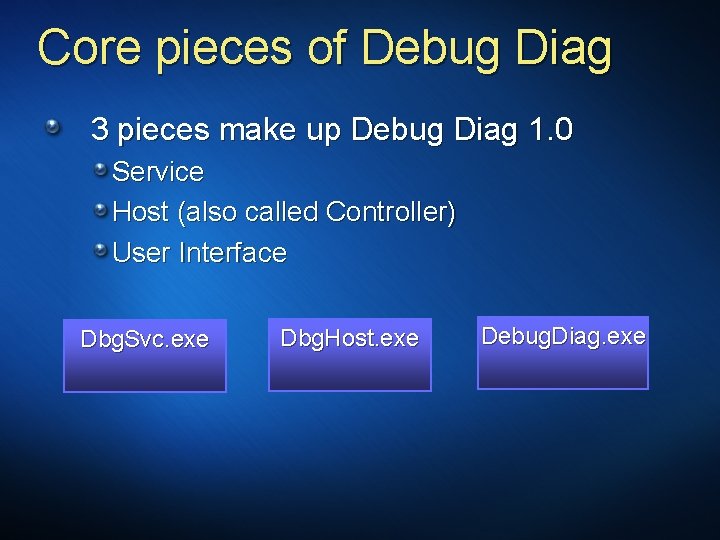 Core pieces of Debug Diag 3 pieces make up Debug Diag 1. 0 Service