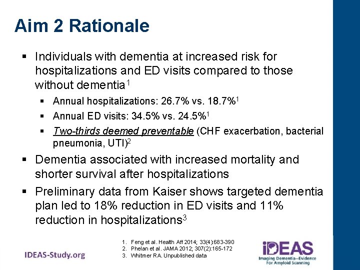 Aim 2 Rationale § Individuals with dementia at increased risk for hospitalizations and ED