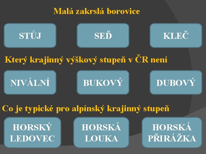 Malá zakrslá borovice STŮJ SEĎ KLEČ Který krajinný výškový stupeň v ČR není NIVÁLNÍ