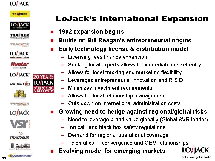 Lo. Jack’s International Expansion 1992 expansion begins n Builds on Bill Reagan’s entrepreneurial origins