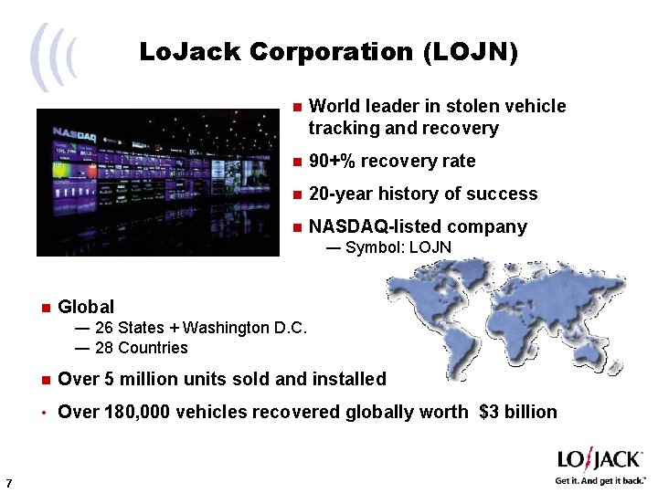 Lo. Jack Corporation (LOJN) n World leader in stolen vehicle tracking and recovery n