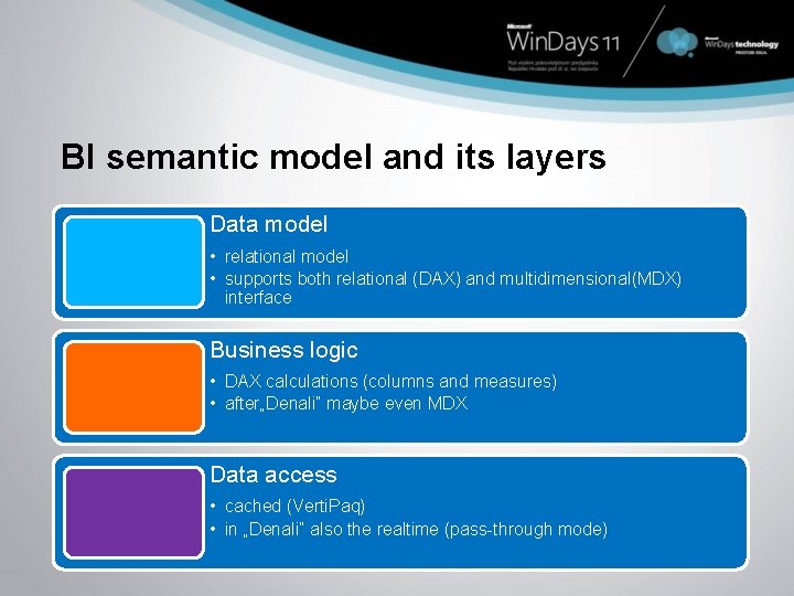 BI semantic model and its layers Data model • relational model • supports both
