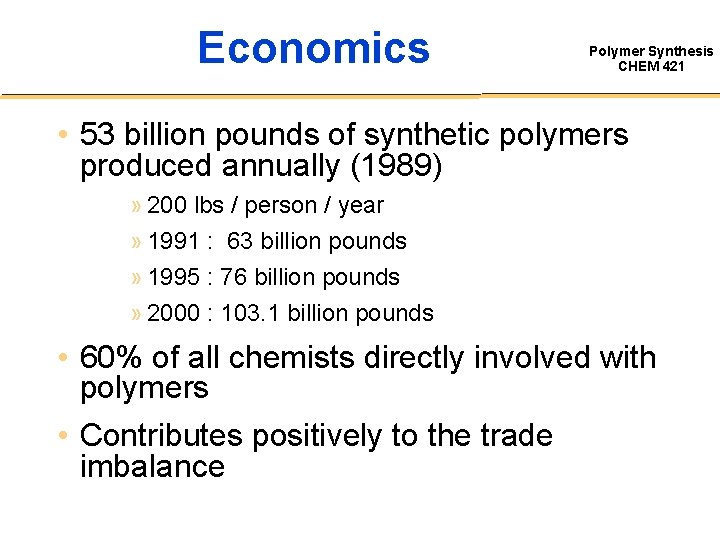 Economics Polymer Synthesis CHEM 421 • 53 billion pounds of synthetic polymers produced annually