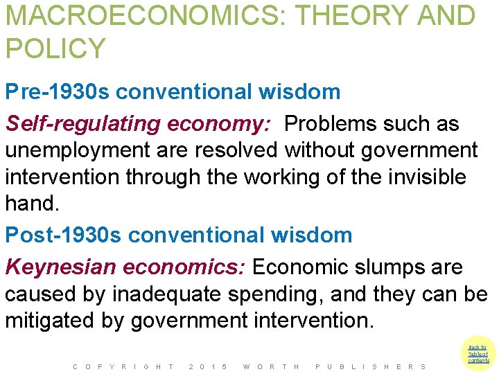 MACROECONOMICS: THEORY AND POLICY Pre-1930 s conventional wisdom Self-regulating economy: Problems such as unemployment