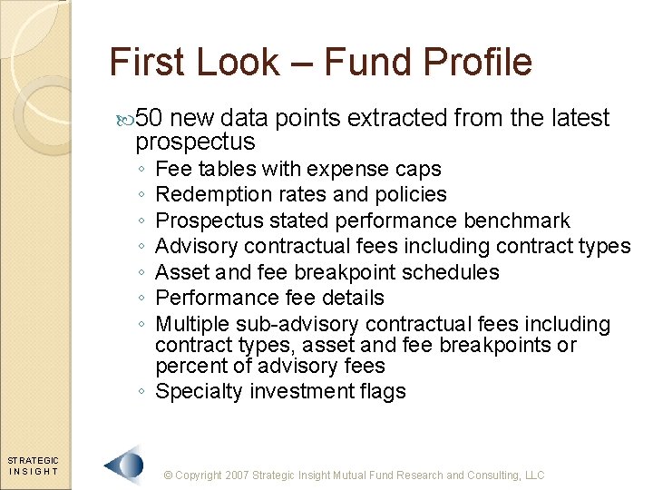 First Look – Fund Profile 50 new data points extracted from the latest prospectus