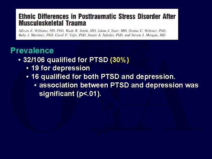 Prevalence • 32/106 qualified for PTSD (30%) • 19 for depression • 16 qualified