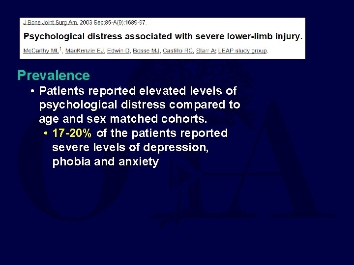 Prevalence • Patients reported elevated levels of psychological distress compared to age and sex